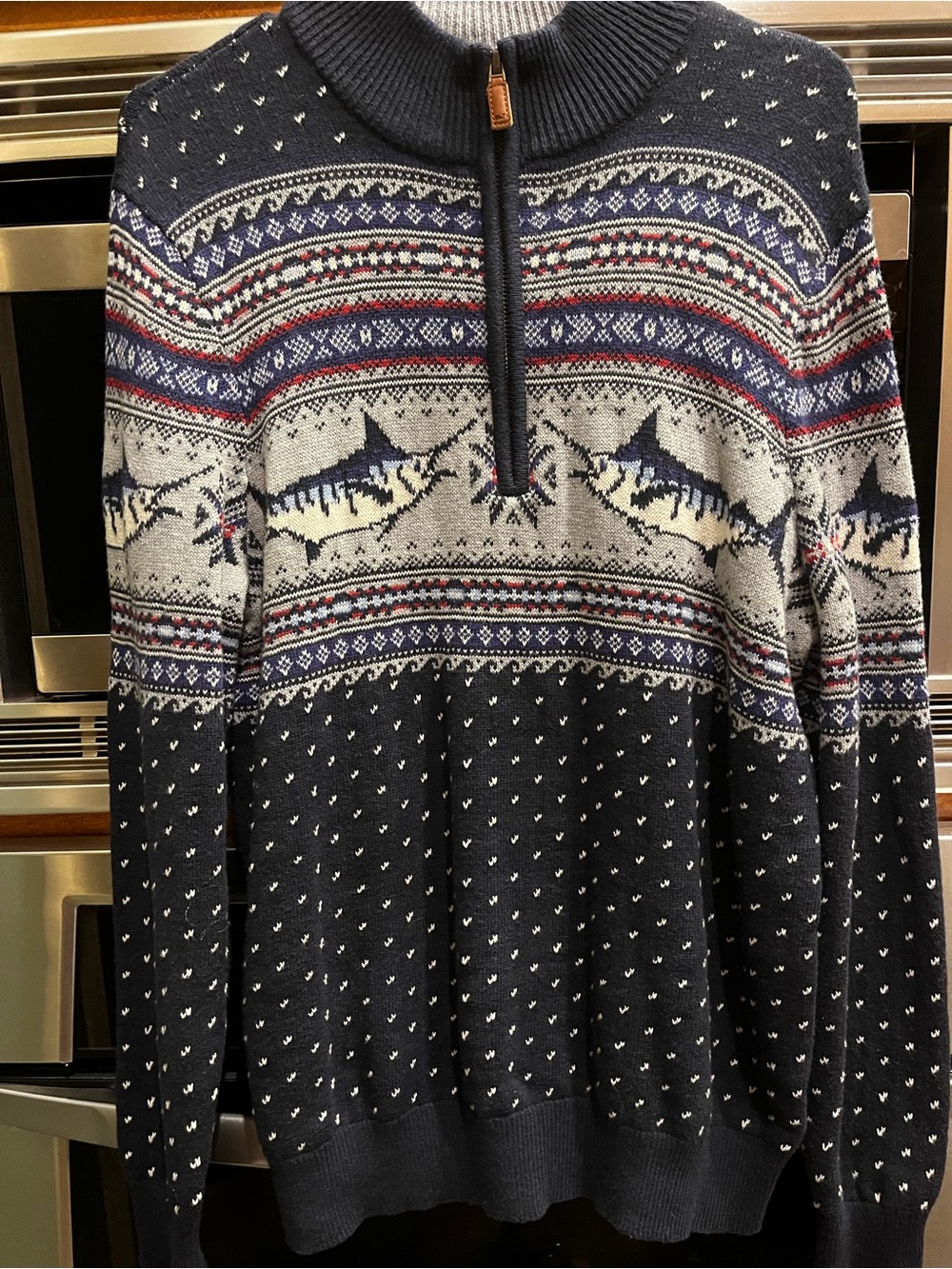 Vineyard Vine Men's Navy Fish Pattern Half-Zip Sweater